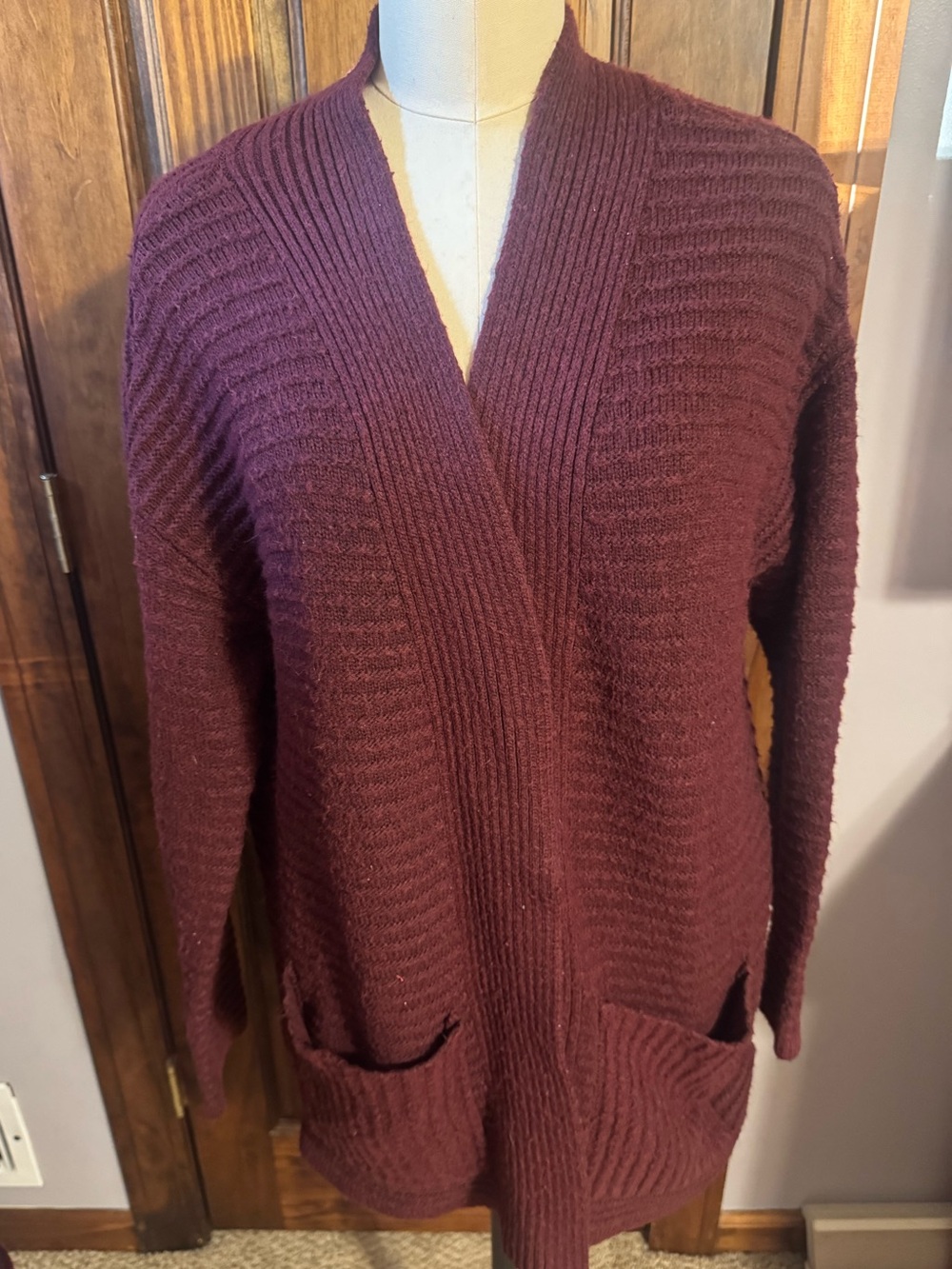 Nine West Burgundy Open-Front Ribbed Cardigan